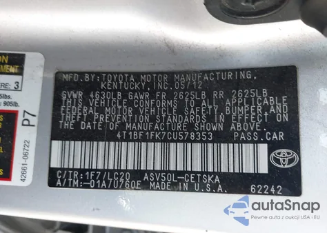 2012 Toyota Camry Se из США, поврежденный, VIN 4T1BF1FK7CU578353